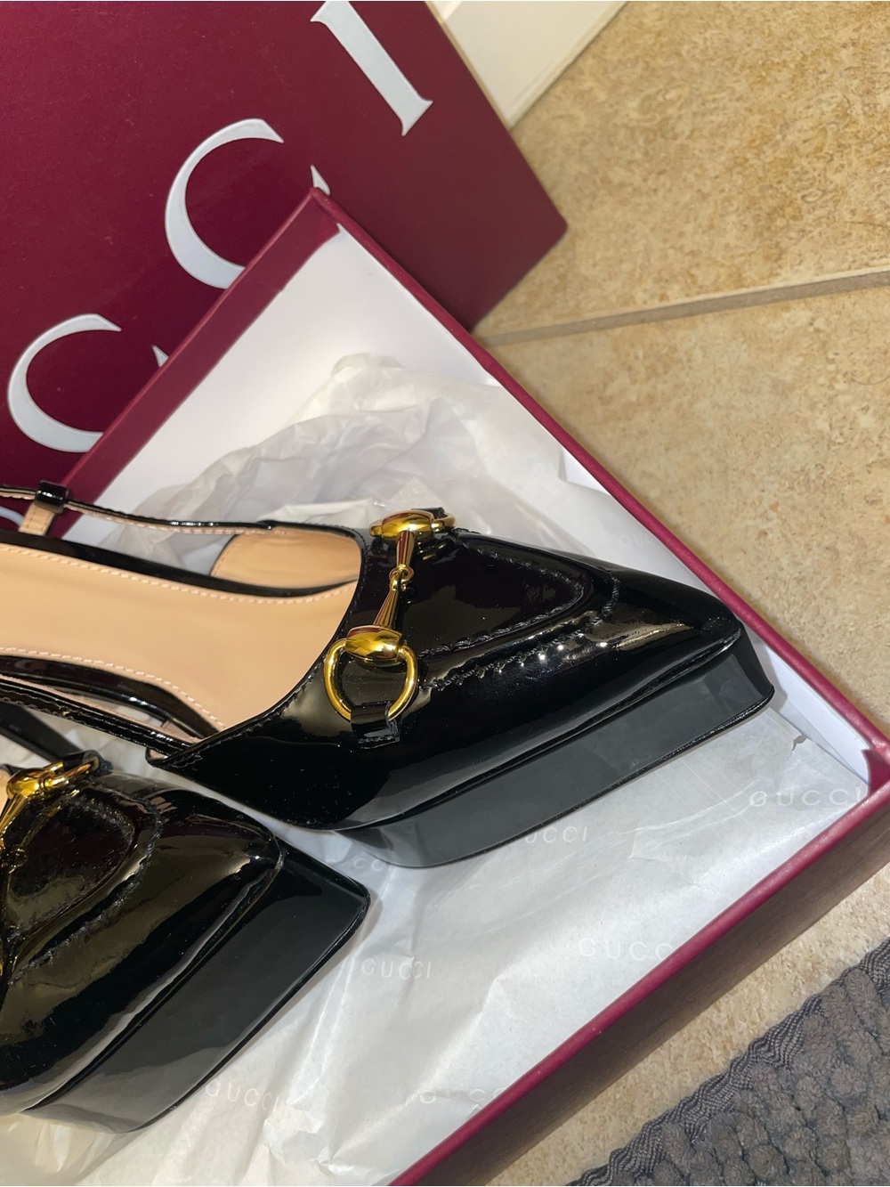 Gucci Black Patent Leather Horsebit Slingback Pumps GG size 7 high heels - Picture 10 of 14